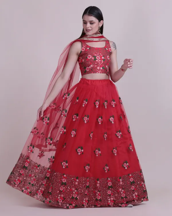 Red_Thread_Work_Lehenga_Choli_With_Dupatta_For_Women
