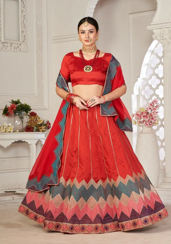 Dark_Red_Thread_Work_Lehenga_Choli_With_Dupatta_For_Women