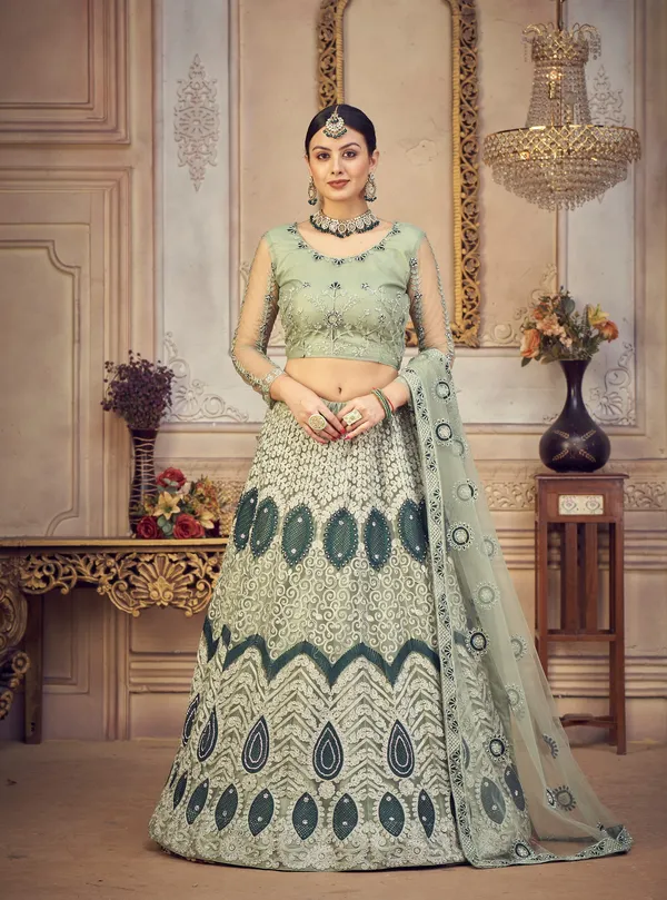 Light_Green_Thread_Work_Lehenga_Choli_With_Dupatta_For_Women