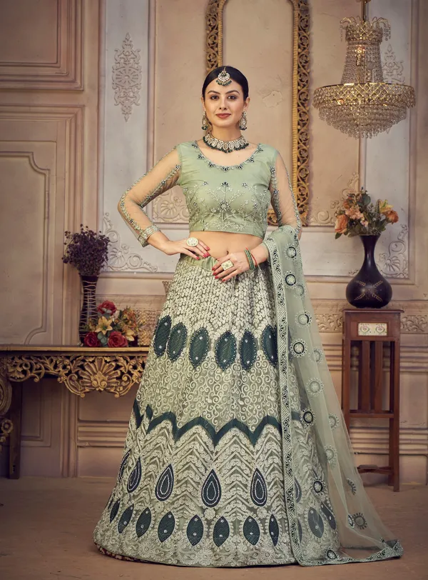 Light_Green_Thread_Work_Lehenga_Choli_With_Dupatta_For_Women