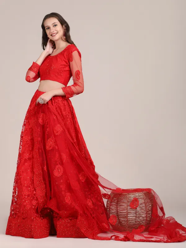 Red_Thread_Work/_Stone_Work_Lehenga_Choli_With_Dupatta_For_Women