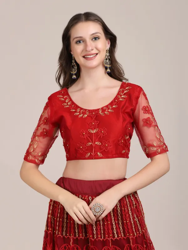 Maroon_Thread_Work_Lehenga_Choli_With_Dupatta_For_Women