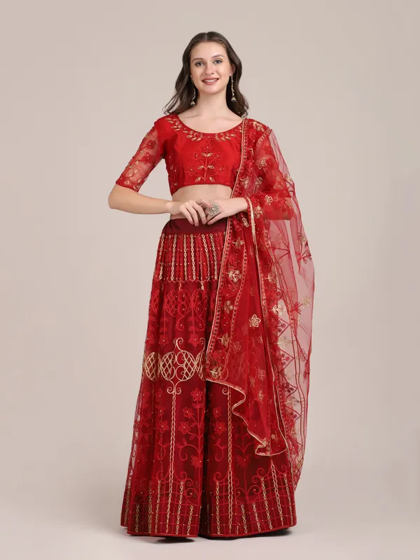 Maroon_Thread_Work_Lehenga_Choli_With_Dupatta_For_Women
