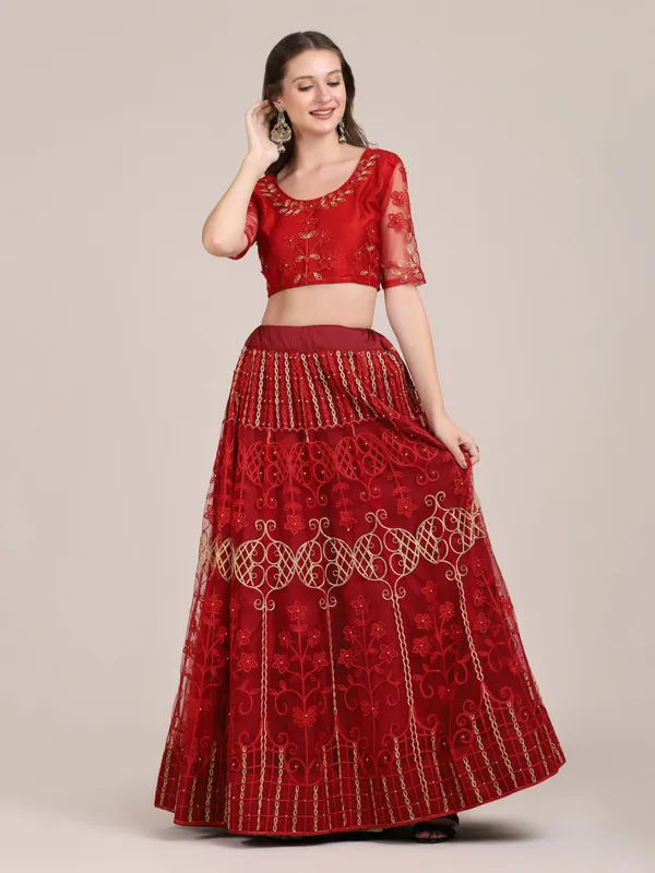 Maroon_Thread_Work_Lehenga_Choli_With_Dupatta_For_Women
