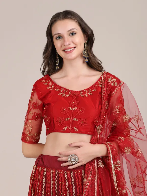 Maroon_Thread_Work_Lehenga_Choli_With_Dupatta_For_Women