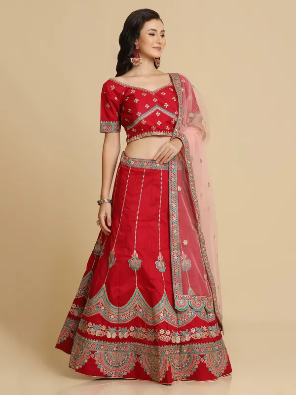 Maroon_Thread_Work_Lehenga_Choli_With_Dupatta_For_Women