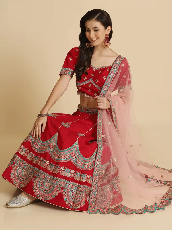 Maroon_Thread_Work_Lehenga_Choli_With_Dupatta_For_Women