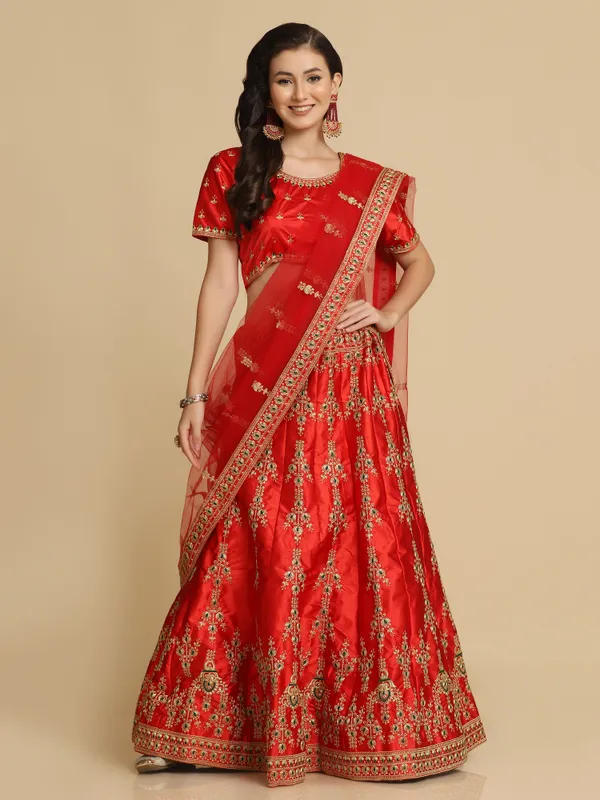 Red_Thread_Work_Lehenga_Choli_With_Dupatta_For_Women
