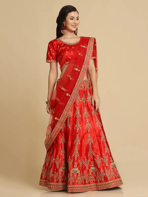 Red_Thread_Work_Lehenga_Choli_With_Dupatta_For_Women