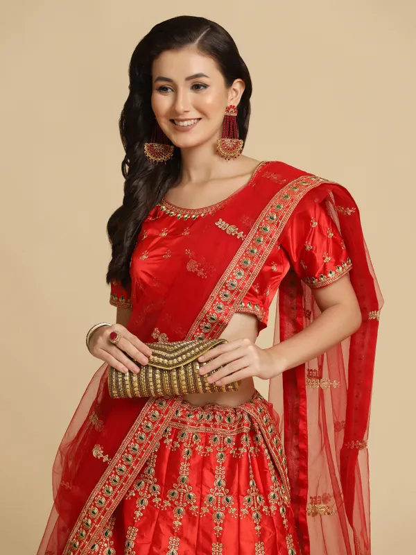 Red_Thread_Work_Lehenga_Choli_With_Dupatta_For_Women