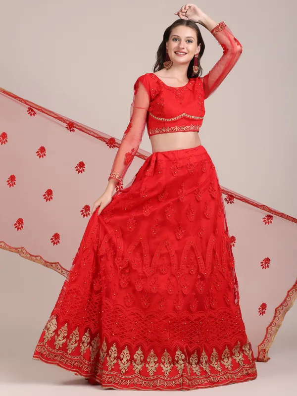 Red_Thread_Work_Lehenga_Choli_With_Dupatta_For_Women