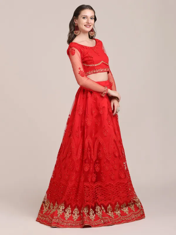 Red_Thread_Work_Lehenga_Choli_With_Dupatta_For_Women