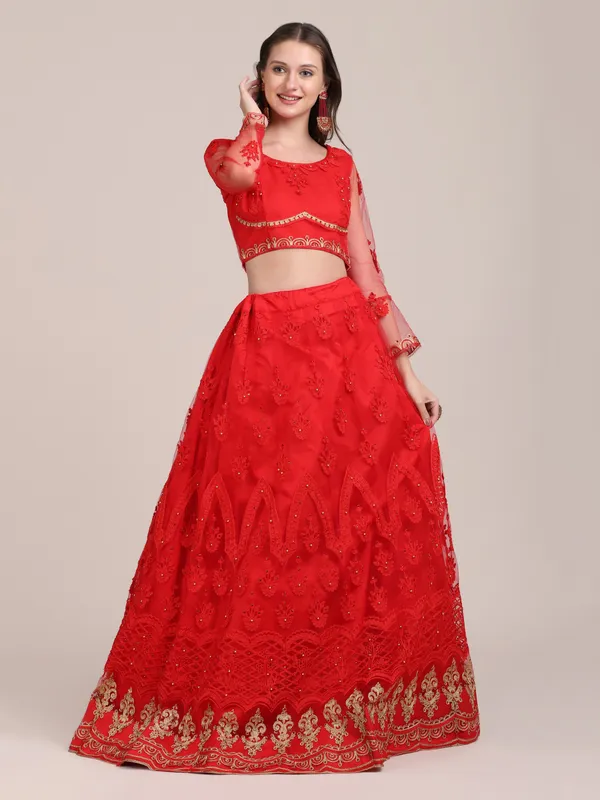 Red_Thread_Work_Lehenga_Choli_With_Dupatta_For_Women