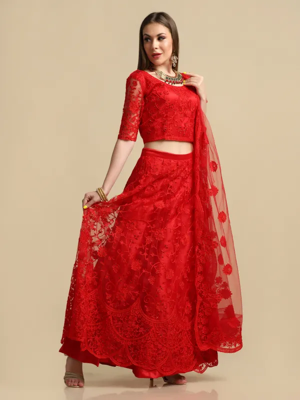 Red_Thread_Work_Lehenga_Choli_With_Dupatta_For_Women