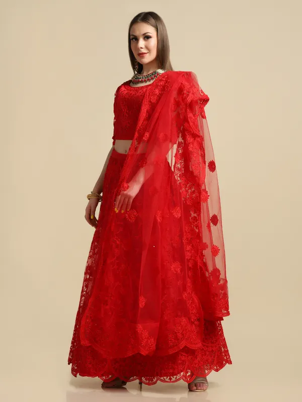 Red_Thread_Work_Lehenga_Choli_With_Dupatta_For_Women