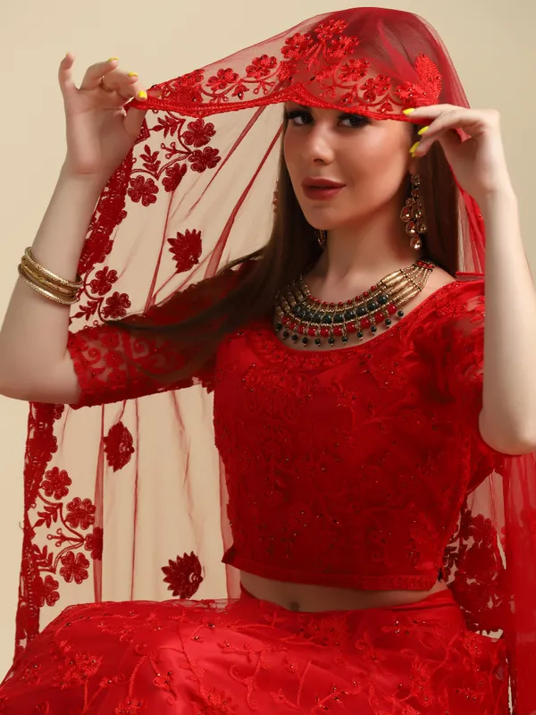 Red_Thread_Work_Lehenga_Choli_With_Dupatta_For_Women