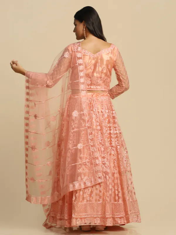 Peach_Thread_Work_Lehenga_Choli_With_Dupatta_For_Women