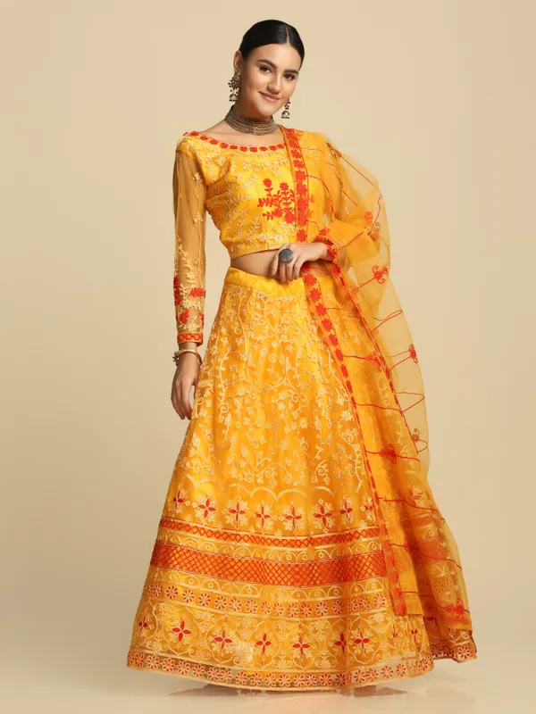 Yellow_Thread_Work_Lehenga_Choli_With_Dupatta_For_Women