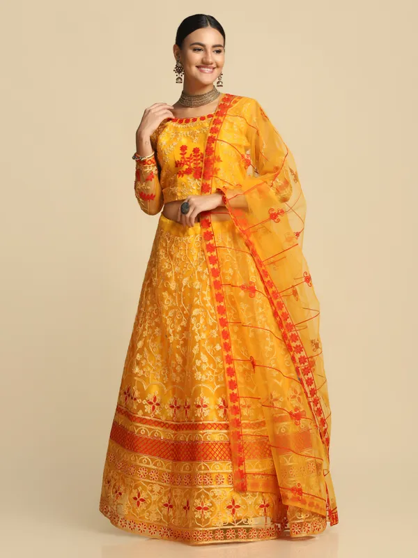 Yellow_Thread_Work_Lehenga_Choli_With_Dupatta_For_Women
