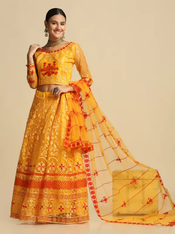 Yellow_Thread_Work_Lehenga_Choli_With_Dupatta_For_Women