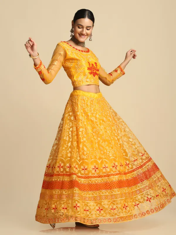 Yellow_Thread_Work_Lehenga_Choli_With_Dupatta_For_Women
