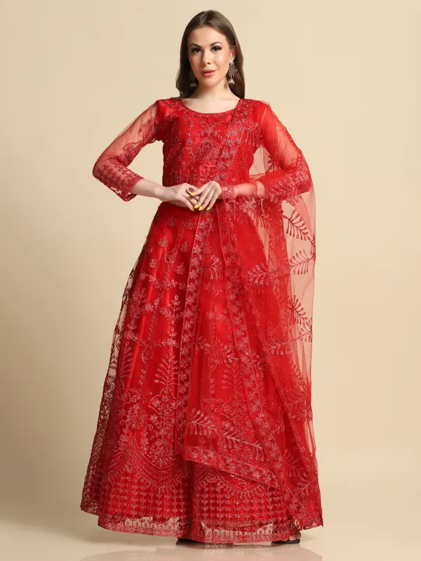 Red_Thread_Work_Lehenga_Choli_With_Dupatta_For_Women