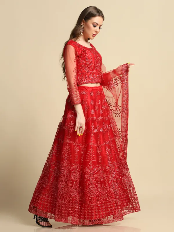 Red_Thread_Work_Lehenga_Choli_With_Dupatta_For_Women