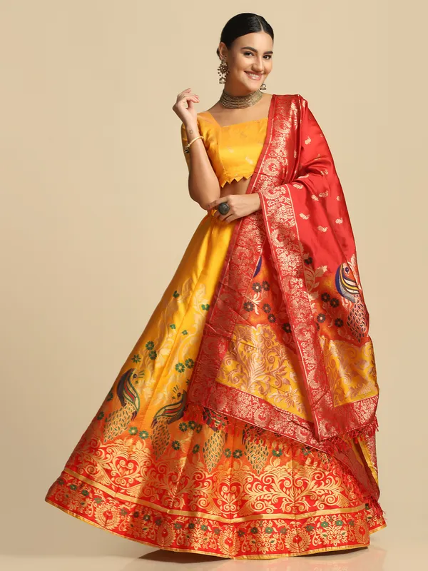Yellow_Gold_Woven_Work_Lehenga_Choli_With_Dupatta_For_Women