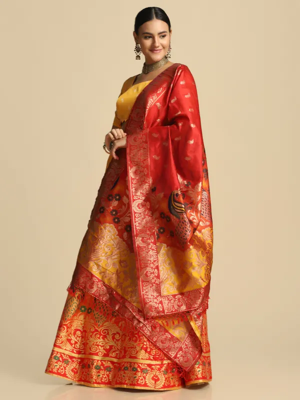 Yellow_Gold_Woven_Work_Lehenga_Choli_With_Dupatta_For_Women