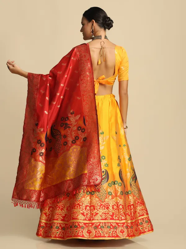 Yellow_Gold_Woven_Work_Lehenga_Choli_With_Dupatta_For_Women