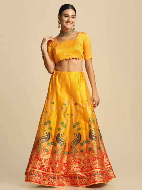 Yellow_Gold_Woven_Work_Lehenga_Choli_With_Dupatta_For_Women