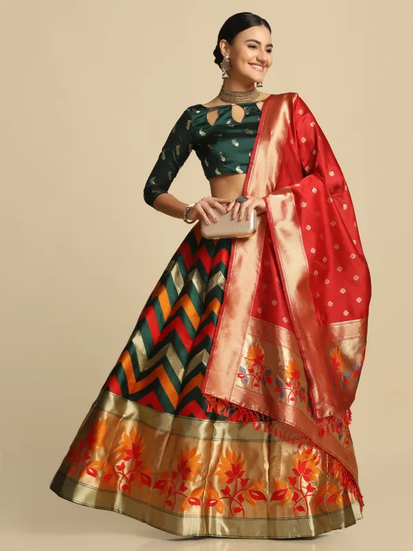 Green_Gold_Woven_Work_Lehenga_Choli_With_Dupatta_For_Women