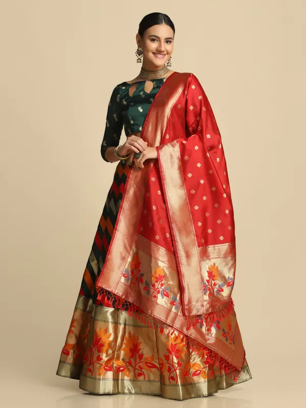 Green_Gold_Woven_Work_Lehenga_Choli_With_Dupatta_For_Women