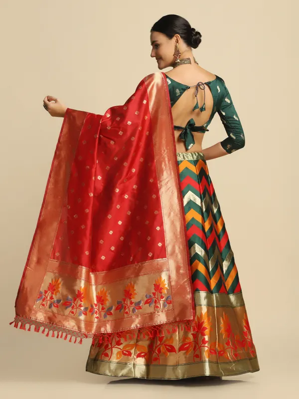 Green_Gold_Woven_Work_Lehenga_Choli_With_Dupatta_For_Women