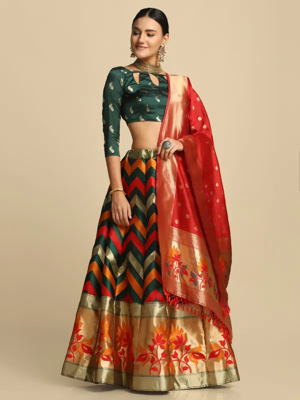 Green_Gold_Woven_Work_Lehenga_Choli_With_Dupatta_For_Women