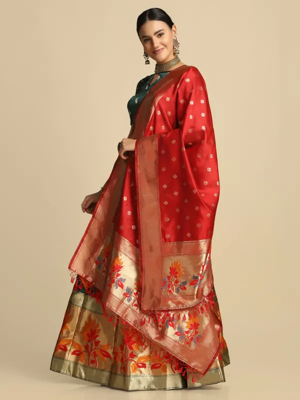 Green_Gold_Woven_Work_Lehenga_Choli_With_Dupatta_For_Women