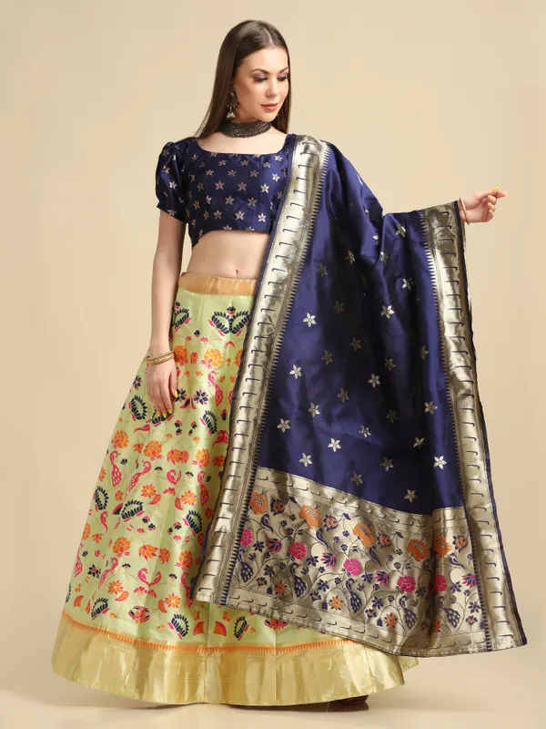 Parrot_Green_Gold_Woven_Work_Lehenga_Choli_With_Dupatta_For_Women