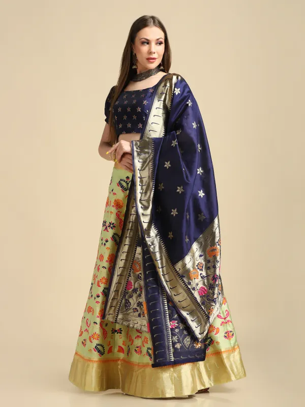 Parrot_Green_Gold_Woven_Work_Lehenga_Choli_With_Dupatta_For_Women