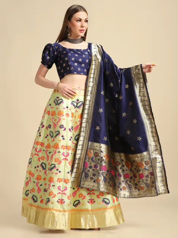 Parrot_Green_Gold_Woven_Work_Lehenga_Choli_With_Dupatta_For_Women