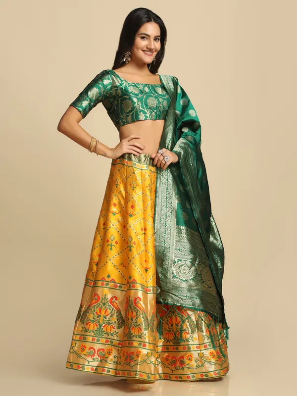 Yellow_Gold_Woven_Work_Lehenga_Choli_With_Dupatta_For_Women