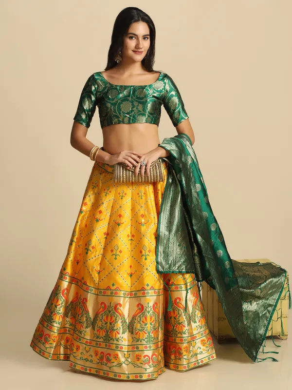 Yellow_Gold_Woven_Work_Lehenga_Choli_With_Dupatta_For_Women