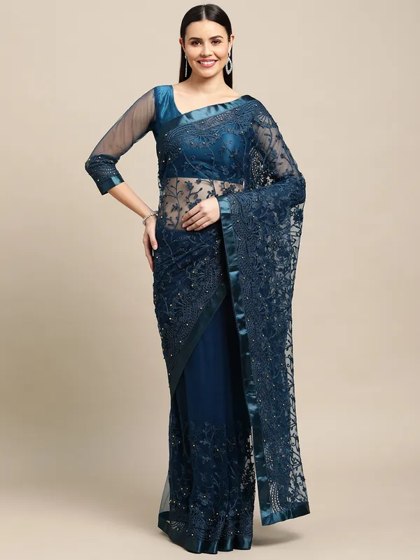 Rama_Net_Embroidery_Work_Party_Wear_Saree_With_Blouse_For_Women