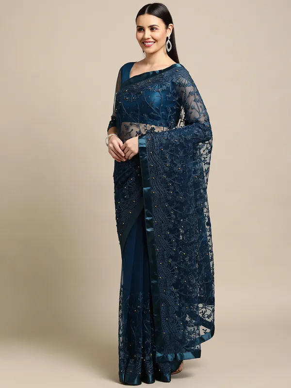 Rama_Net_Embroidery_Work_Party_Wear_Saree_With_Blouse_For_Women