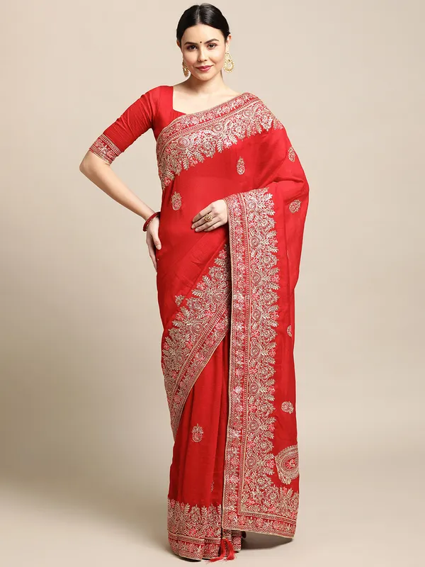 Red_Art_Silk_Emroidery_Heavy_Work_Fastive_Wear_Saree_With_Blouse_For_Women