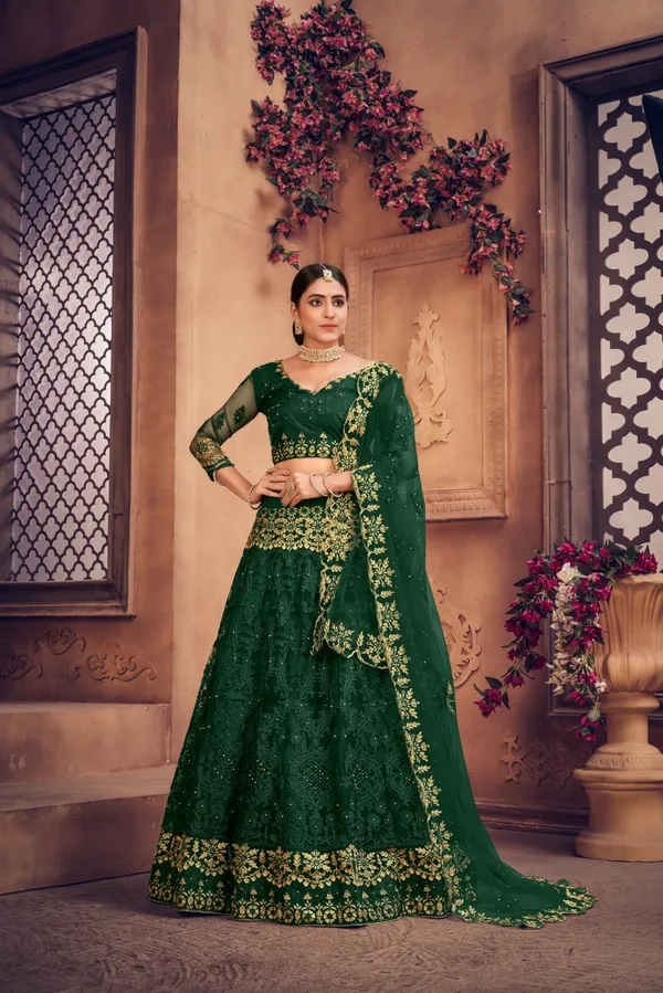 Dark_Green_Thread_Work_Lehenga_Choli_With_Dupatta_For_Women