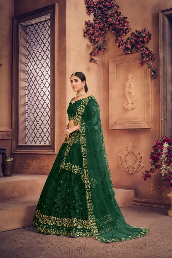 Dark_Green_Thread_Work_Lehenga_Choli_With_Dupatta_For_Women