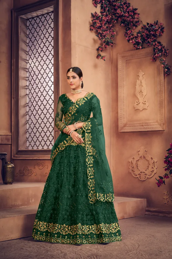 Dark_Green_Thread_Work_Lehenga_Choli_With_Dupatta_For_Women