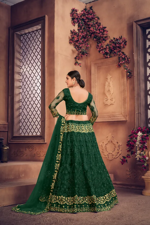Dark_Green_Thread_Work_Lehenga_Choli_With_Dupatta_For_Women