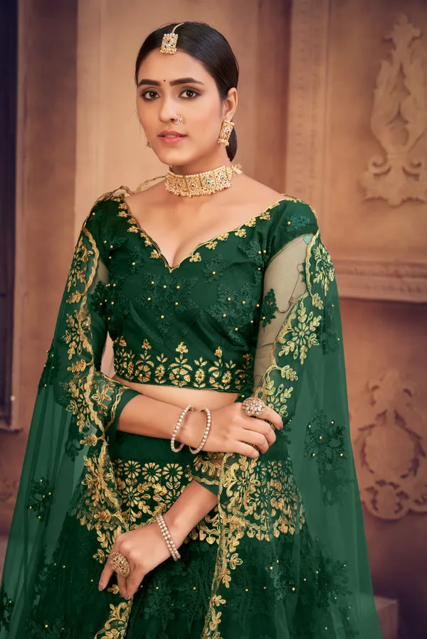 Dark_Green_Thread_Work_Lehenga_Choli_With_Dupatta_For_Women
