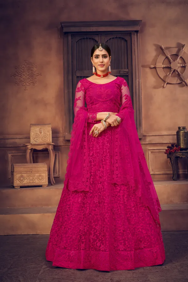 Pink_Thread_Work_Lehenga_Choli_With_Dupatta_For_Women